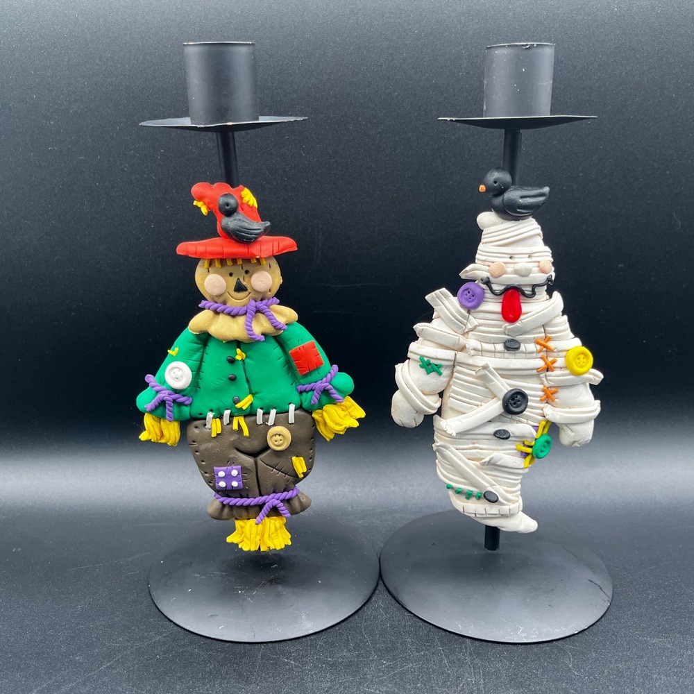 Scarecrow & Mummy Pair Of Halloween Decor Black Metal Candle Holders Clay 8.5"